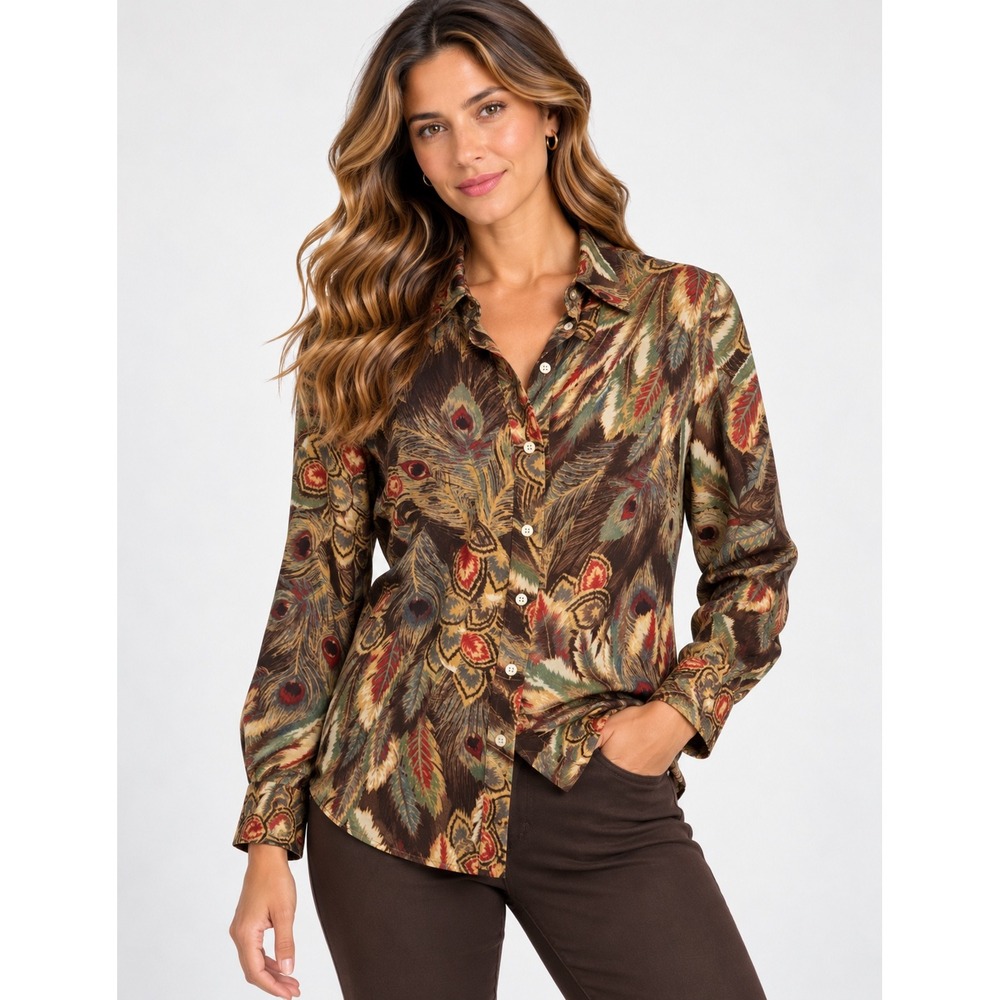 Lauren Ralph Lauren Petite Brown Peacock Feather Print Cotton Button Down PM